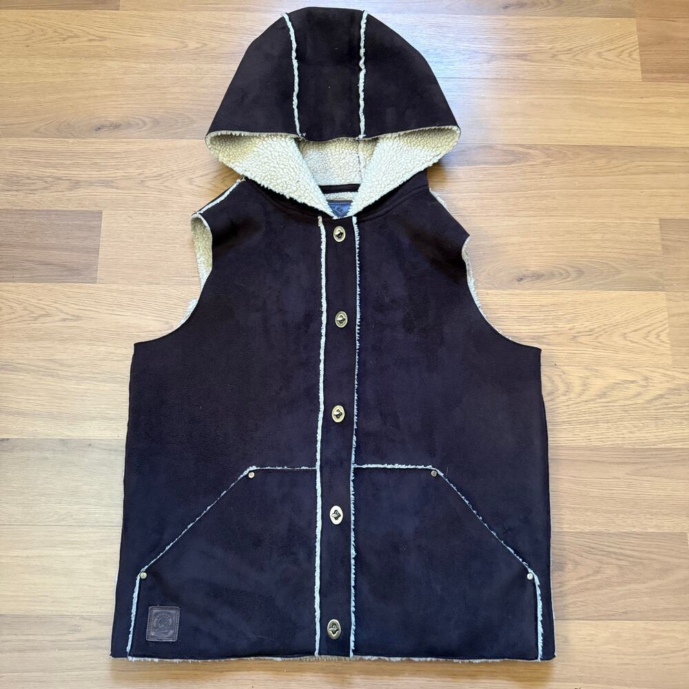 Women's Lauren Ralph Lauren Faux Suede Sherpa Lined Clasp Hooded Vest Sz Small